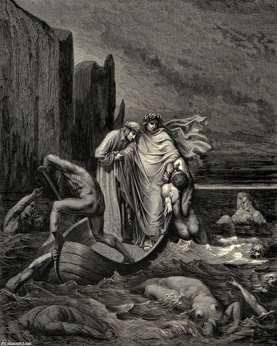WikiOO.org - Enciclopedia of Fine Arts - Pictura, lucrări de artă Paul Gustave Doré - The Inferno, Canto 8, lines 39-41. My teacher sage Aware, thrusting him back. 'Away! down there To the’ other dogs!'