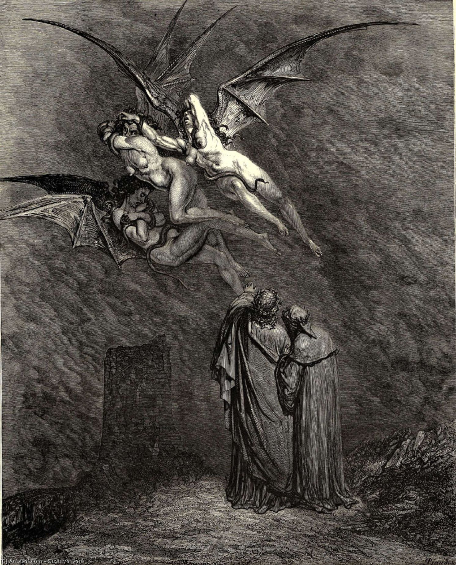 Wikioo.org - The Encyclopedia of Fine Arts - Painting, Artwork by Paul Gustave Doré - The Inferno, Canto 9, line 46. “Mark thou each dire Erinnys.