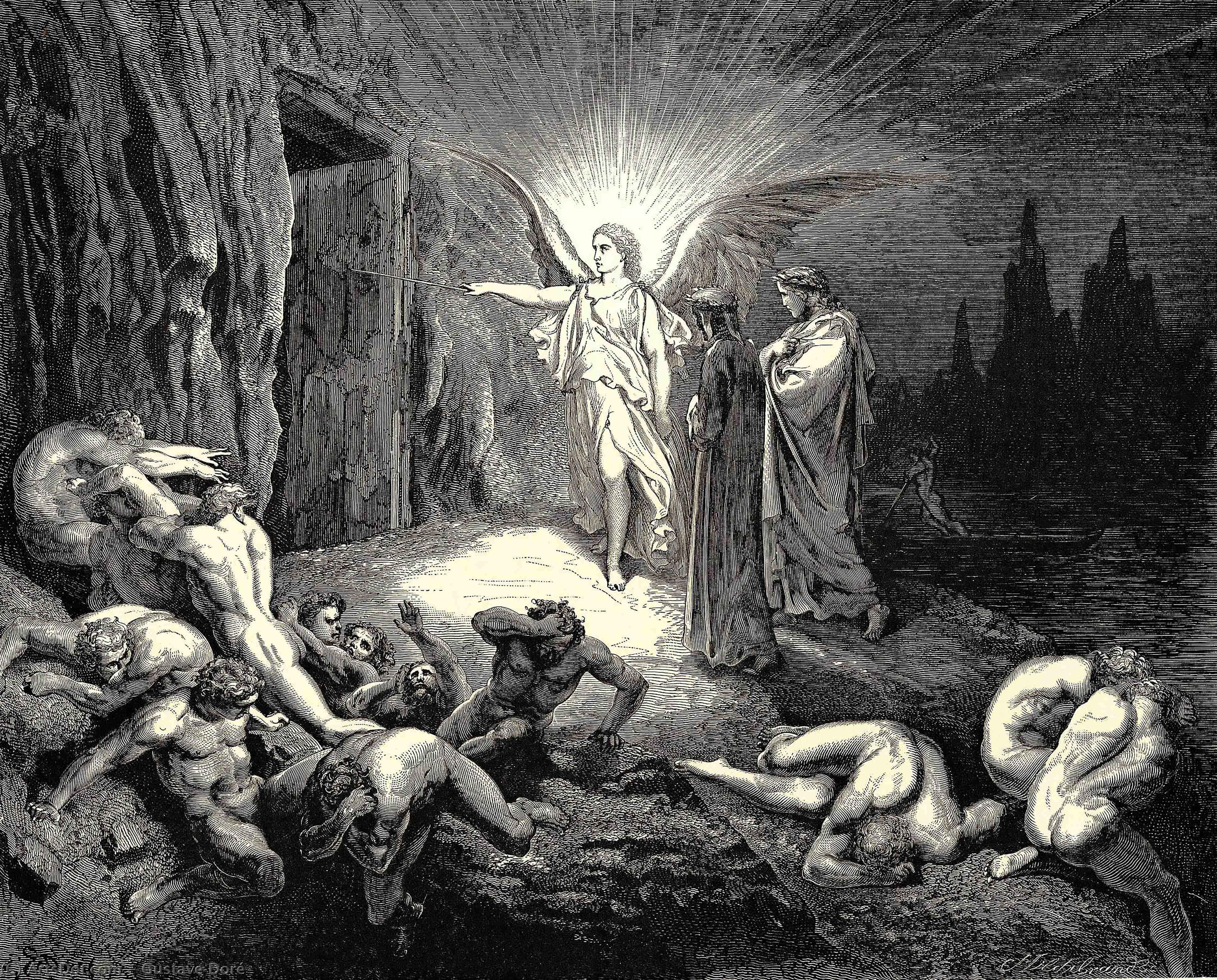 Wikoo.org - موسوعة الفنون الجميلة - اللوحة، العمل الفني Paul Gustave Doré - The Inferno, Canto 9, lines 87-89. To the gate He came, and with his wand touch’d it, whereat Open without impediment it flew.