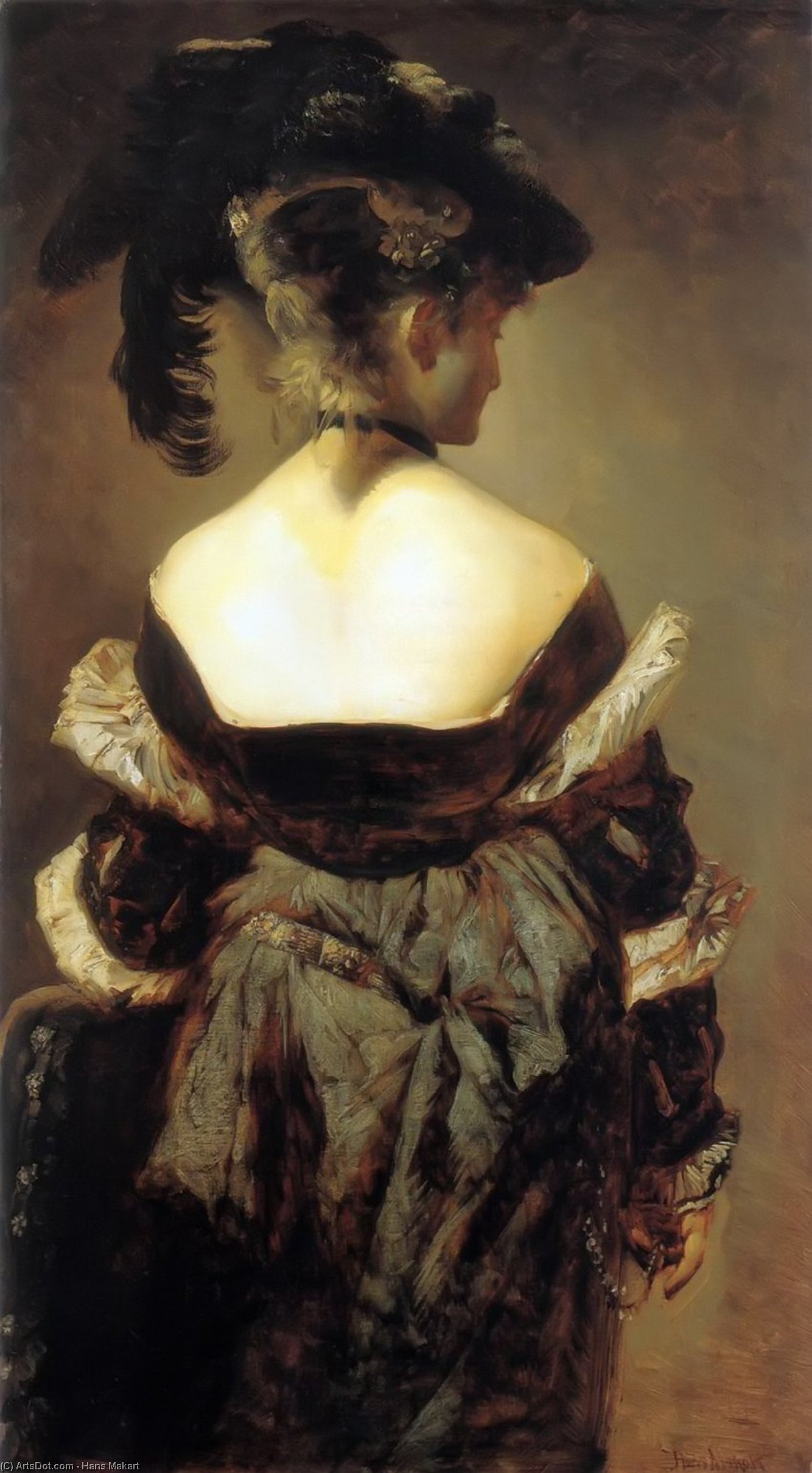 Wikioo.org - The Encyclopedia of Fine Arts - Painting, Artwork by Hans Makart - Dame mit Federhut in Rückenansicht
