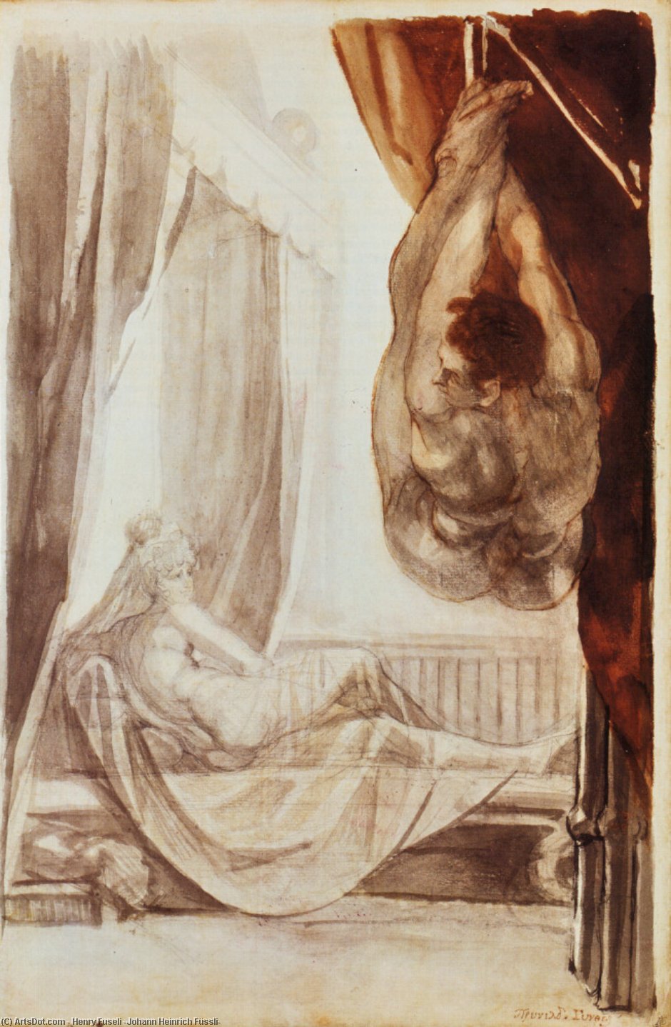 Wikioo.org – L'Encyclopédie des Beaux Arts - Peinture, Oeuvre de Henry Fuseli (Johann Heinrich Füssli) - brunhild regarder gunther suspendu au plafond de leur nuit de noces