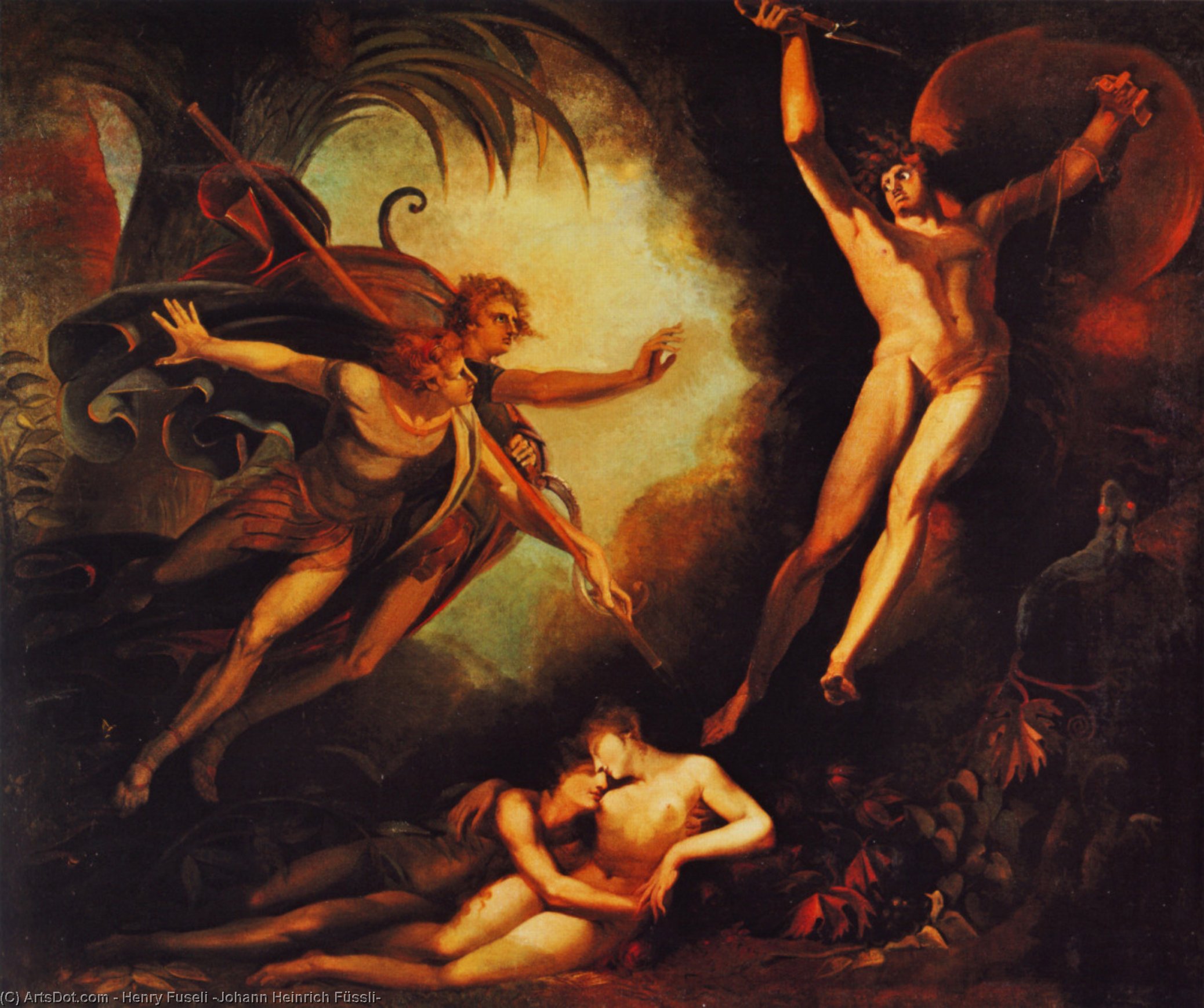 Wikioo.org - The Encyclopedia of Fine Arts - Painting, Artwork by Henry Fuseli (Johann Heinrich Füssli) - Satan Starting at the Touch of Ithuriel's Lance