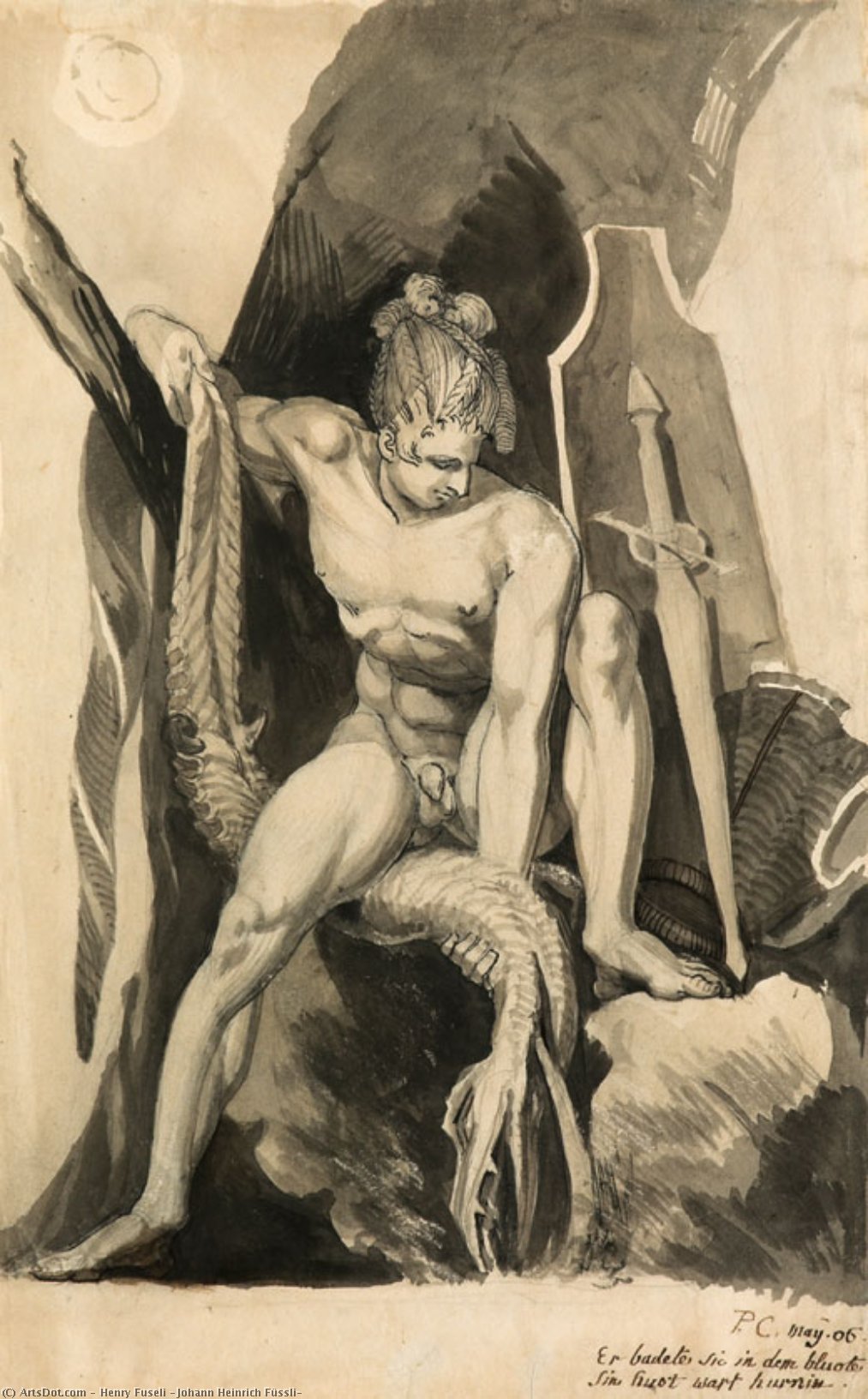Wikoo.org - موسوعة الفنون الجميلة - اللوحة، العمل الفني Henry Fuseli (Johann Heinrich Füssli) - Siegfried Having Slain Fafner The Snake