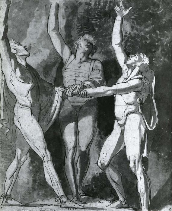 Wikioo.org - The Encyclopedia of Fine Arts - Painting, Artwork by Henry Fuseli (Johann Heinrich Füssli) - The Three Conspirators Swear an Oath on the Rüthli Meadow