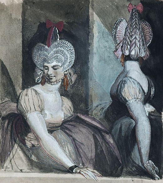 WikiOO.org - Encyclopedia of Fine Arts - Maleri, Artwork Henry Fuseli (Johann Heinrich Füssli) - Two Courtesans with Fantastic Hairstyles and Hats