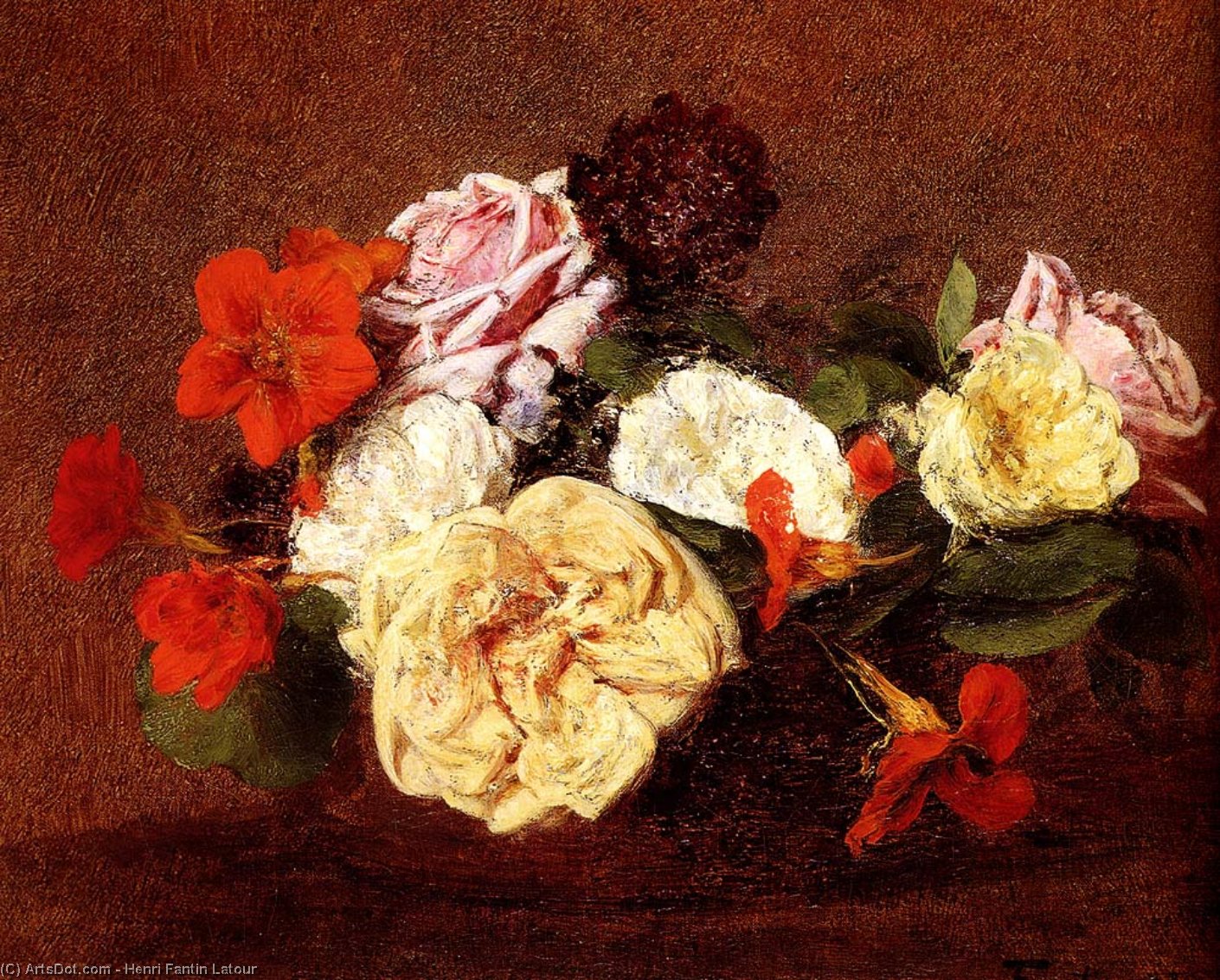 WikiOO.org - Enciklopedija dailės - Tapyba, meno kuriniai Henri Fantin Latour - Bouquet Of Roses And Nasturtiums