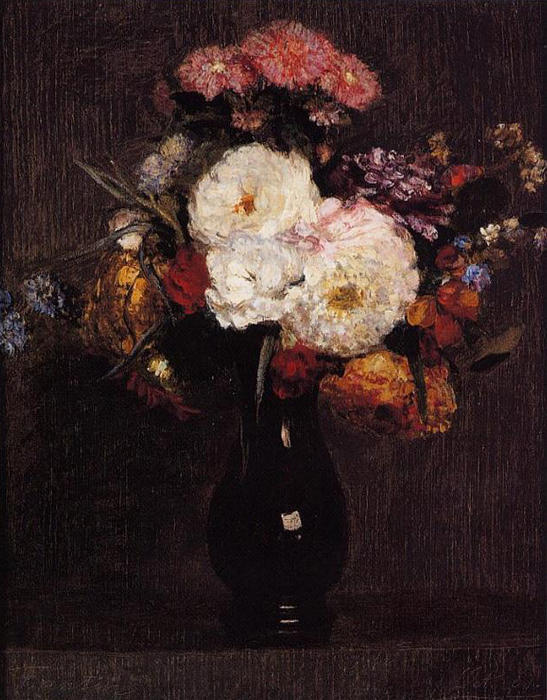 WikiOO.org - 백과 사전 - 회화, 삽화 Henri Fantin Latour - Dahlias, Queens Daisies, Roses and Cornflowers