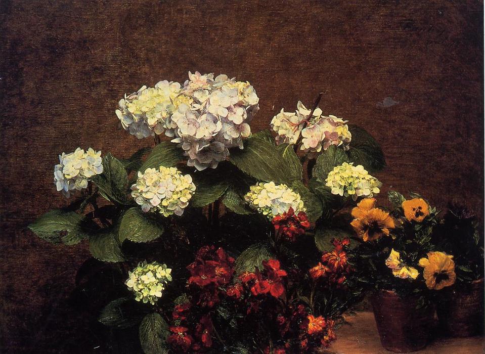 WikiOO.org - Enciklopedija dailės - Tapyba, meno kuriniai Henri Fantin Latour - Hydrangias, Cloves and Two Pots of Pansies