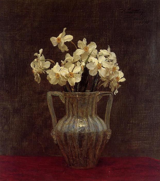Wikioo.org – La Enciclopedia de las Bellas Artes - Pintura, Obras de arte de Henri Fantin Latour - Narcisses en un florero de cristal opalino