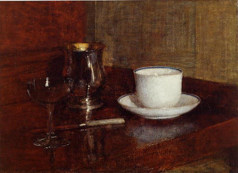 Wikioo.org - The Encyclopedia of Fine Arts - Painting, Artwork by Henri Fantin Latour - Still Life. Glass, Silver Goblet and Cup of Champagne