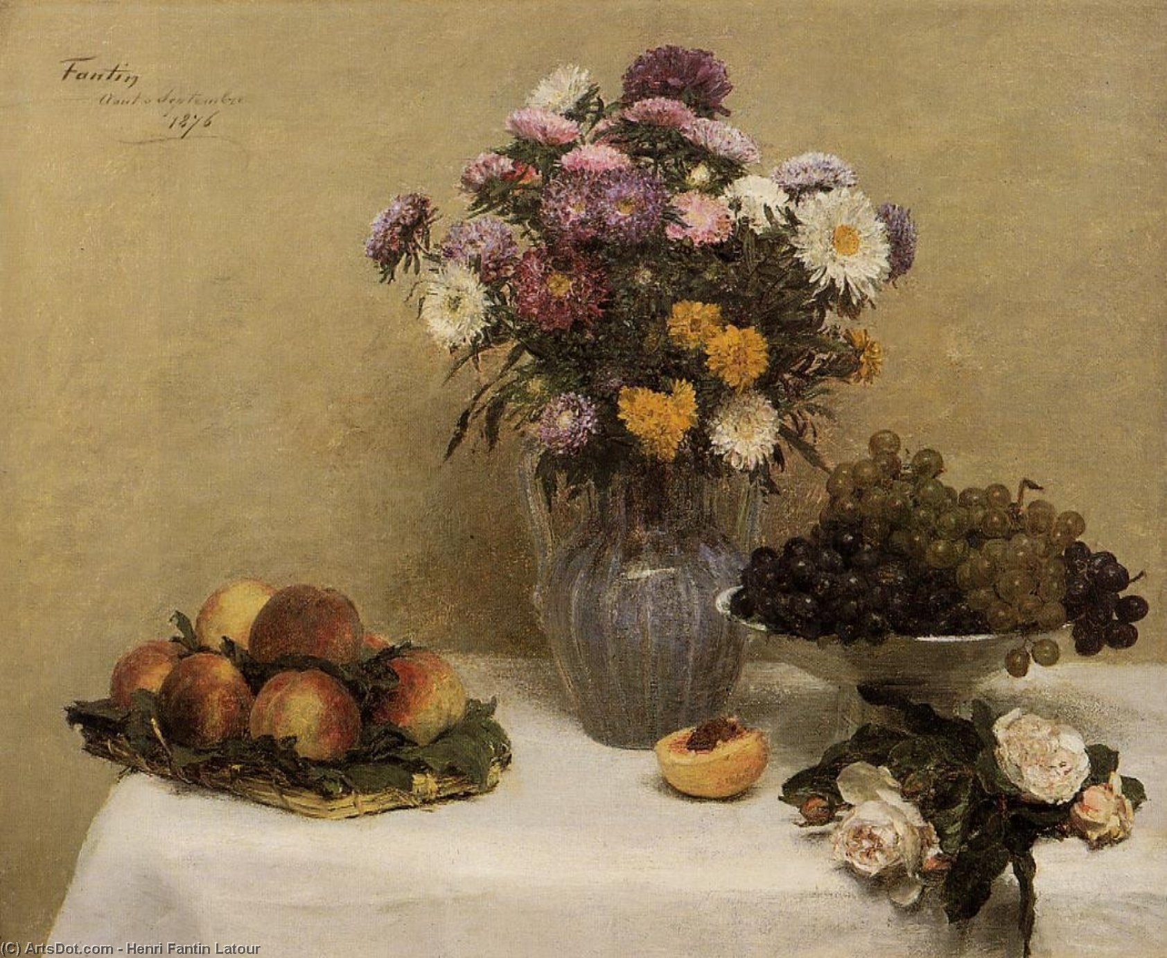 Wikioo.org - The Encyclopedia of Fine Arts - Painting, Artwork by Henri Fantin Latour - White Roses, Chrysanthemums in a Vase, Peaches and Grapes on a Table with a White Tablecloth