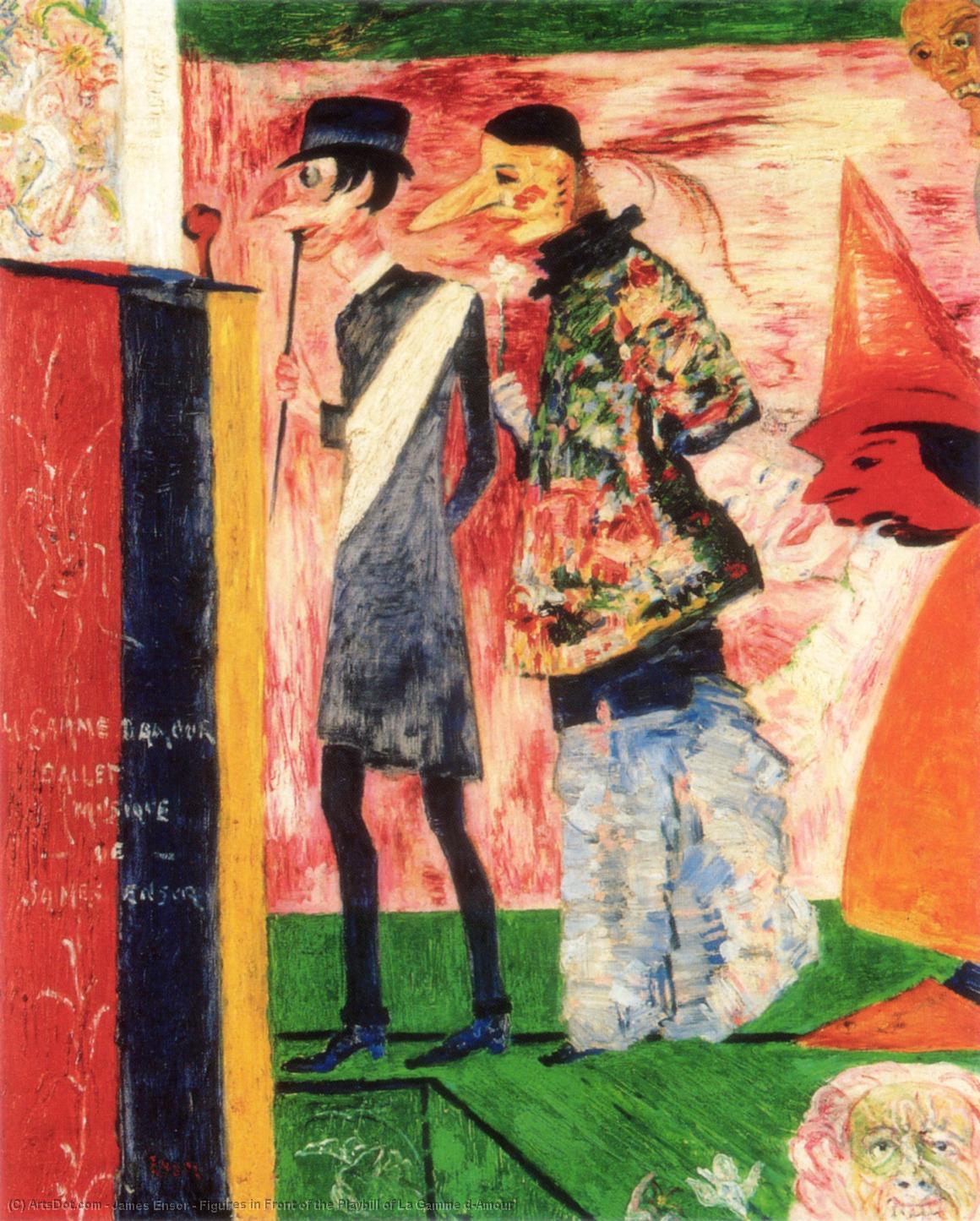 Wikioo.org - The Encyclopedia of Fine Arts - Painting, Artwork by James Ensor - Figures in Front of the Playbill of La Gamme d'Amour