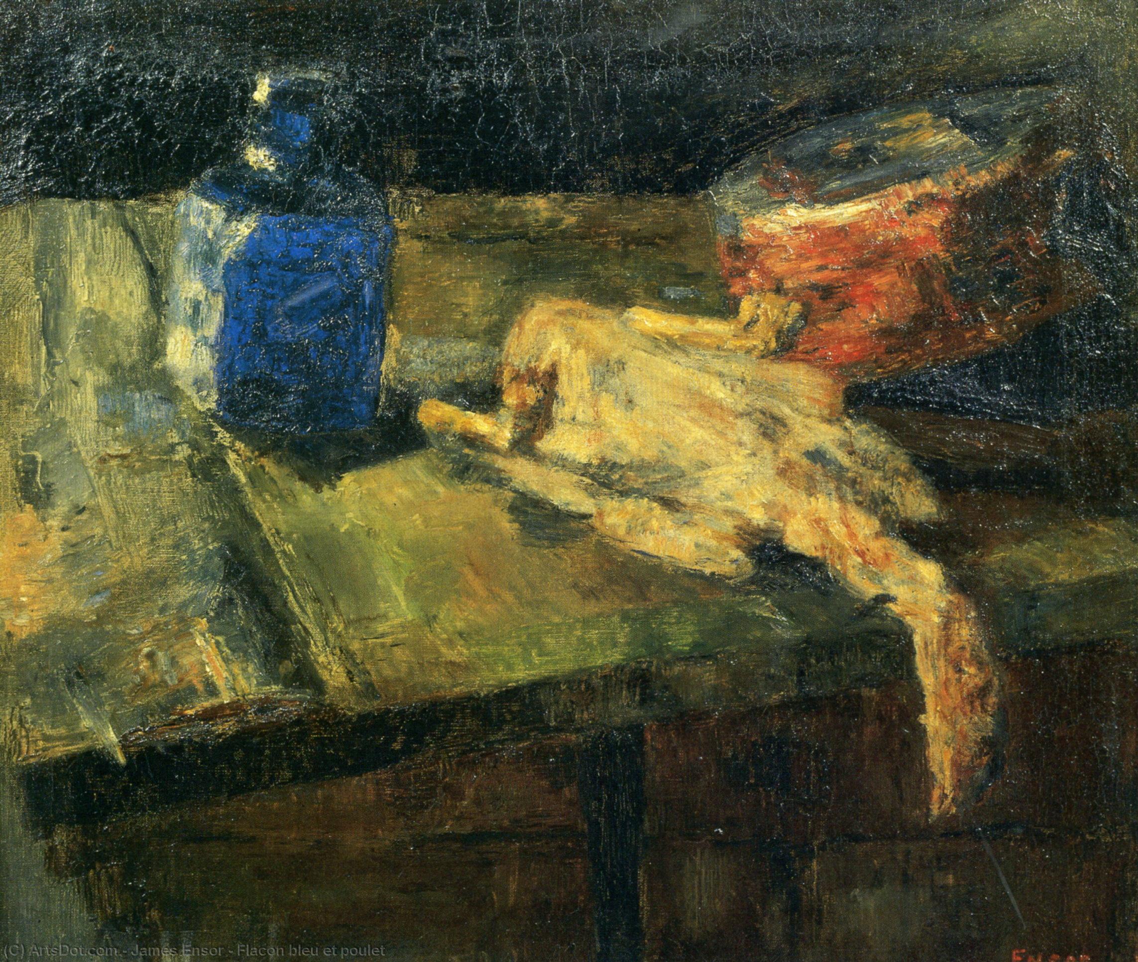 WikiOO.org - Encyclopedia of Fine Arts - Maľba, Artwork James Ensor - Flacon bleu et poulet