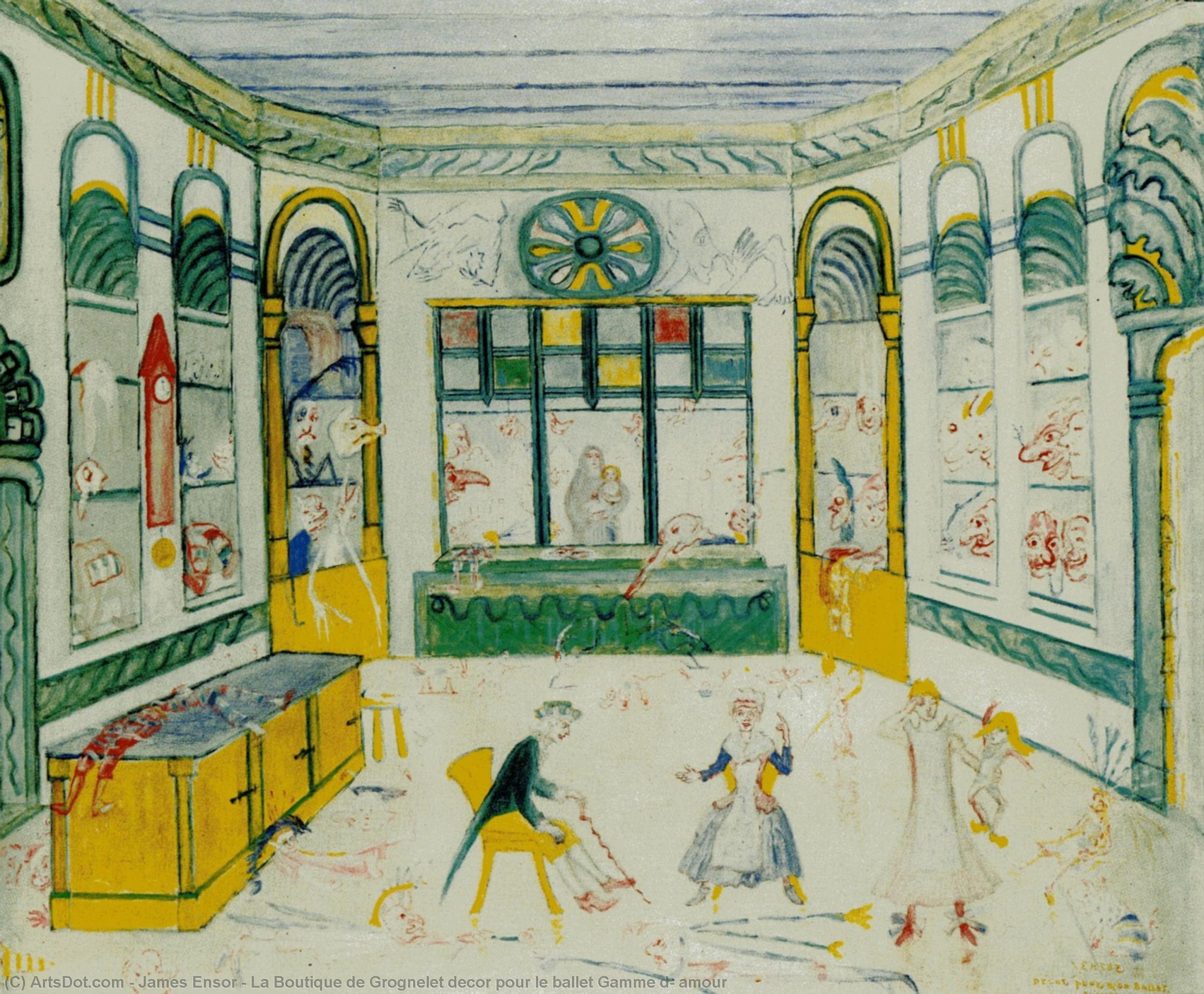 Wikioo.org - The Encyclopedia of Fine Arts - Painting, Artwork by James Ensor - La Boutique de Grognelet decor pour le ballet Gamme d' amour