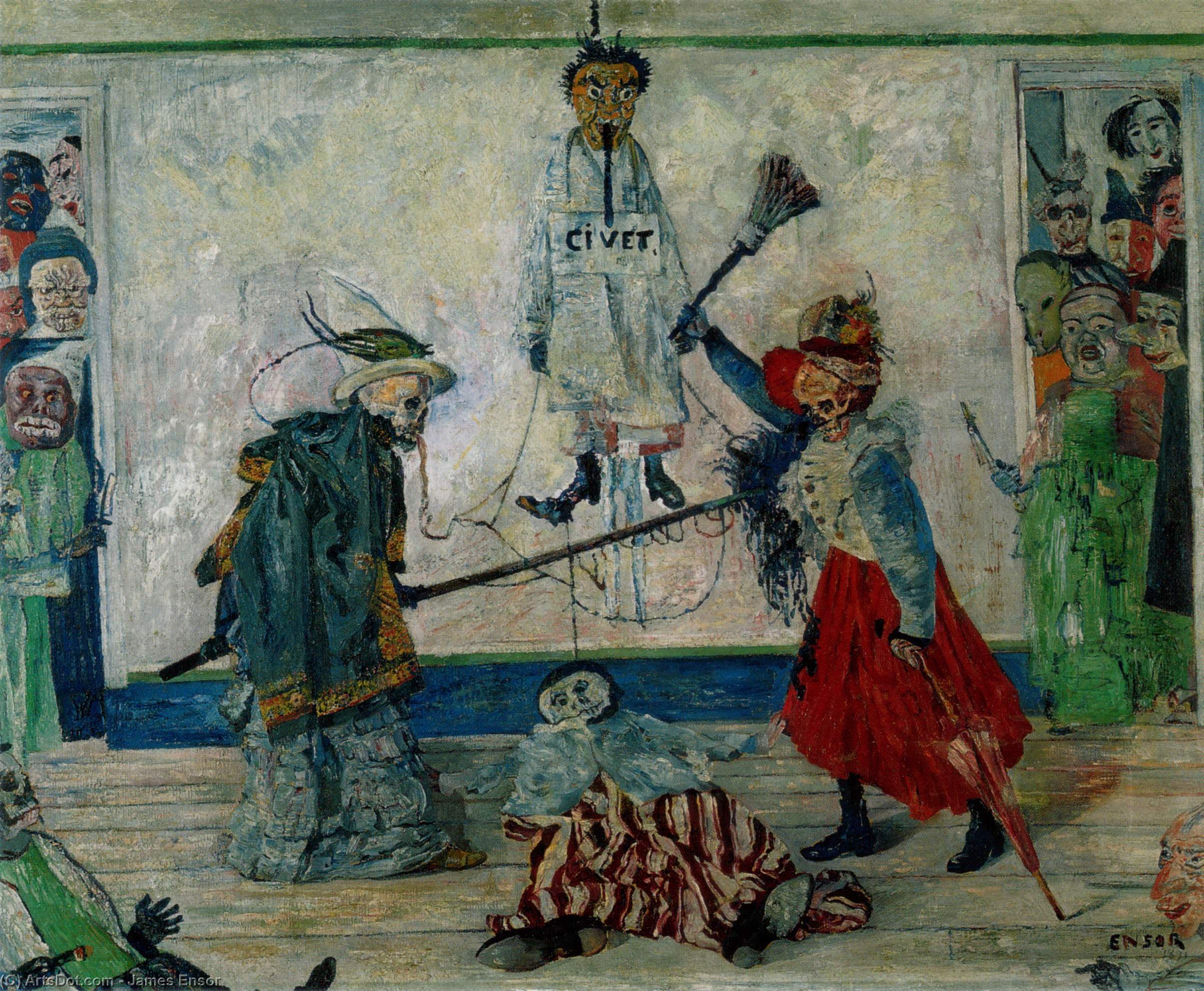 Wikioo.org - The Encyclopedia of Fine Arts - Painting, Artwork by James Ensor - Masks Fighting over a Hanged Man