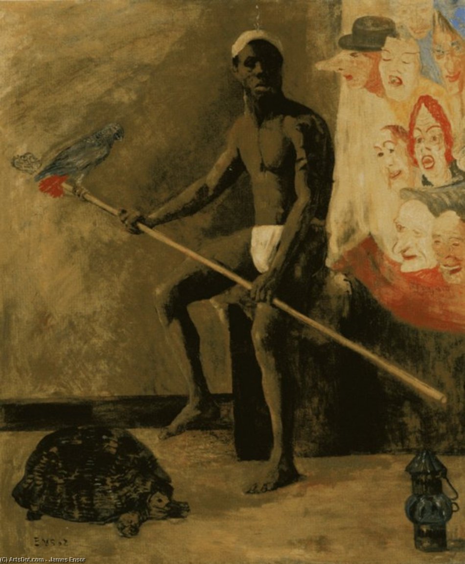 WikiOO.org - Enciclopedia of Fine Arts - Pictura, lucrări de artă James Ensor - Masques regardant un negre batteleur