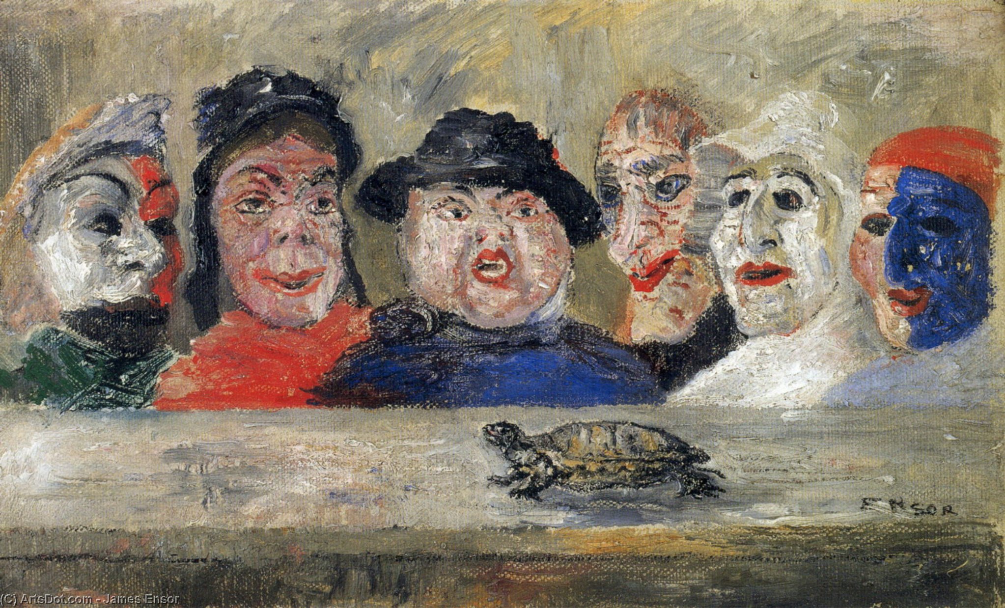 Wikioo.org - The Encyclopedia of Fine Arts - Painting, Artwork by James Ensor - Masques regardant une tortue