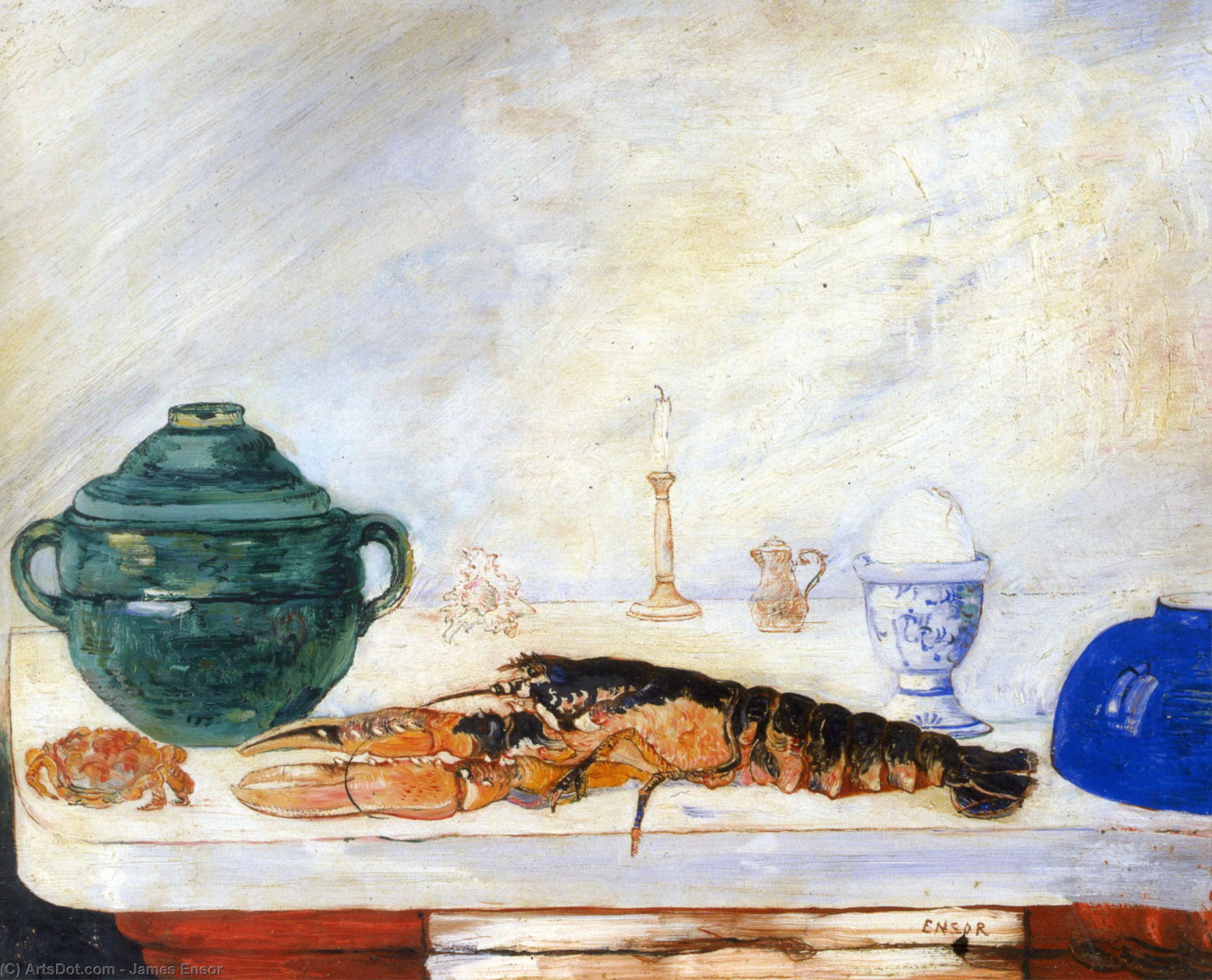 Wikioo.org - The Encyclopedia of Fine Arts - Painting, Artwork by James Ensor - Nature morte a l' oeuf au homard et au crabe