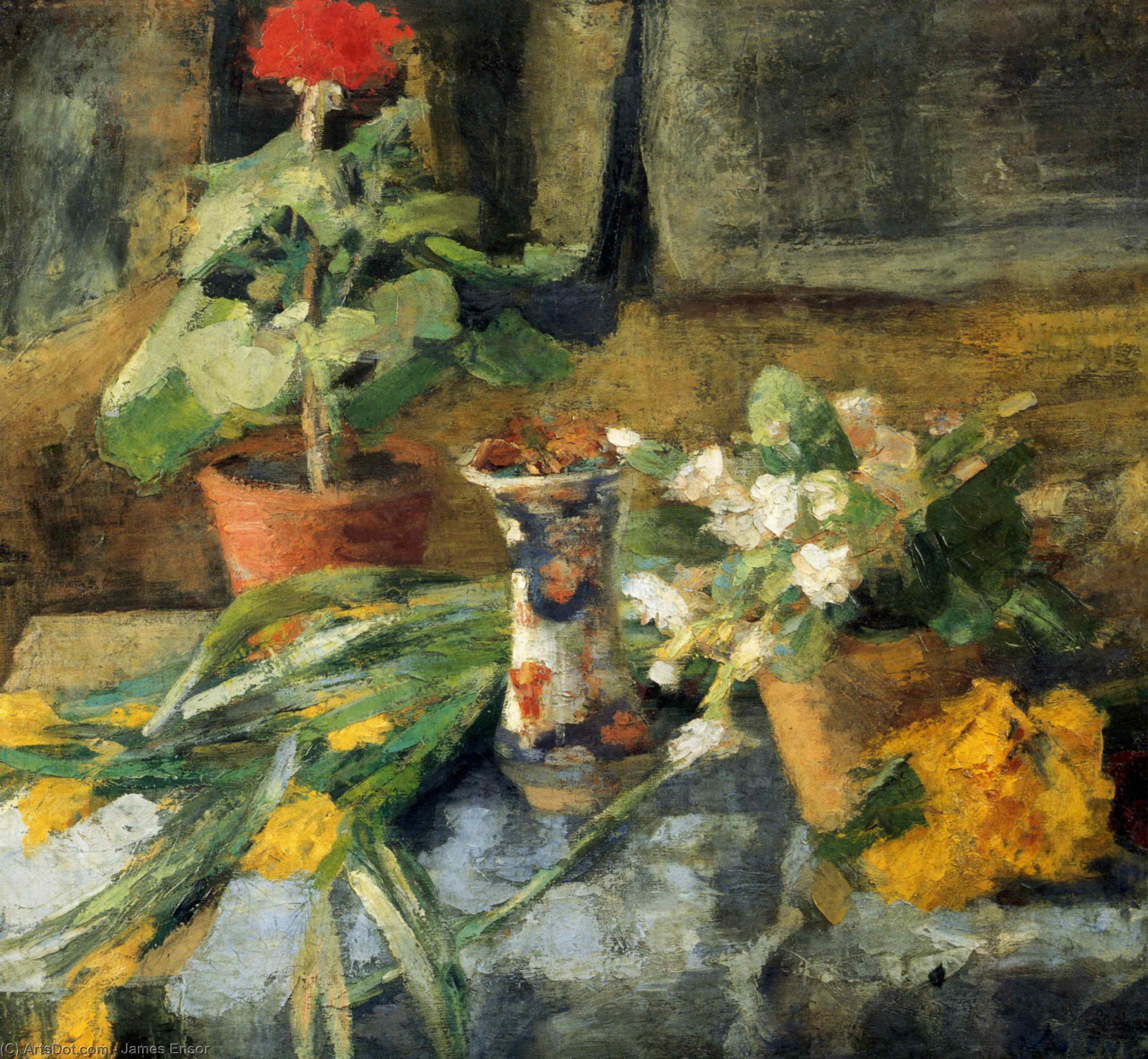 WikiOO.org - Encyclopedia of Fine Arts - Malba, Artwork James Ensor - Nature morte au geranium