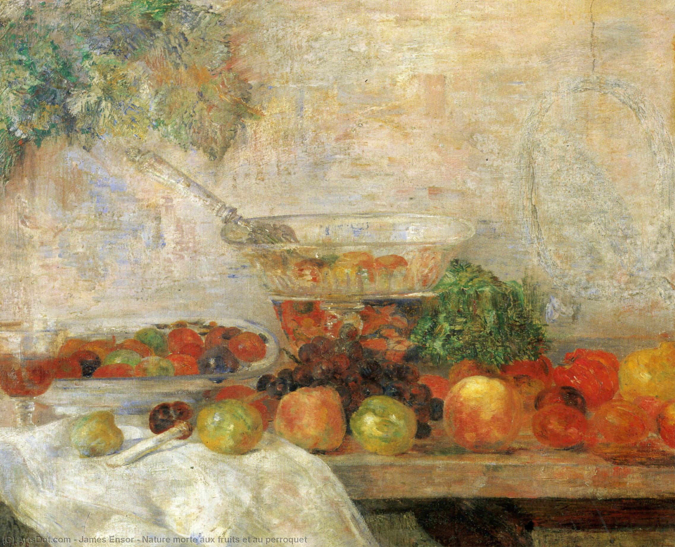 Wikioo.org - The Encyclopedia of Fine Arts - Painting, Artwork by James Ensor - Nature morte aux fruits et au perroquet