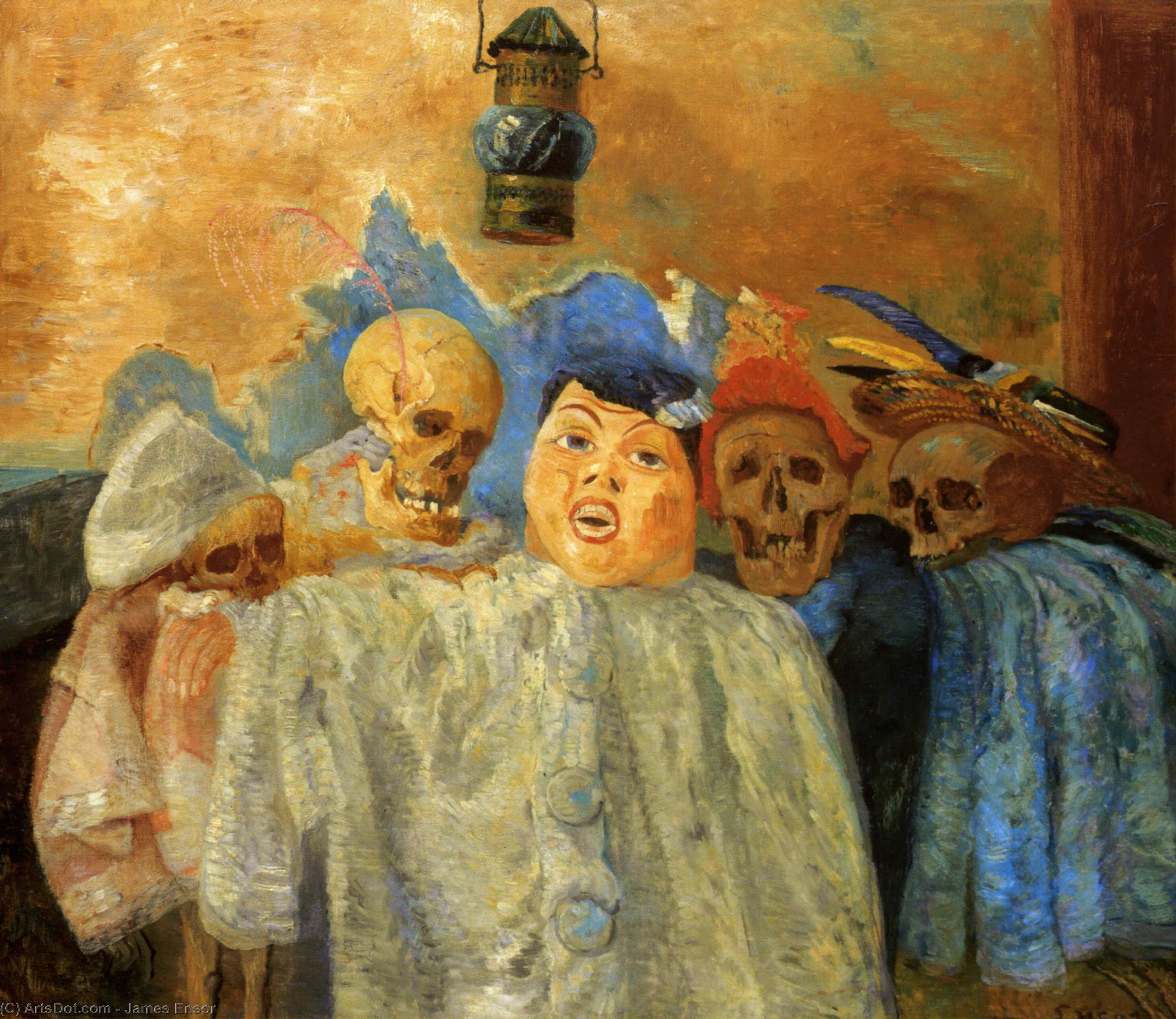 Wikioo.org - The Encyclopedia of Fine Arts - Painting, Artwork by James Ensor - Pierrot et Squelettes
