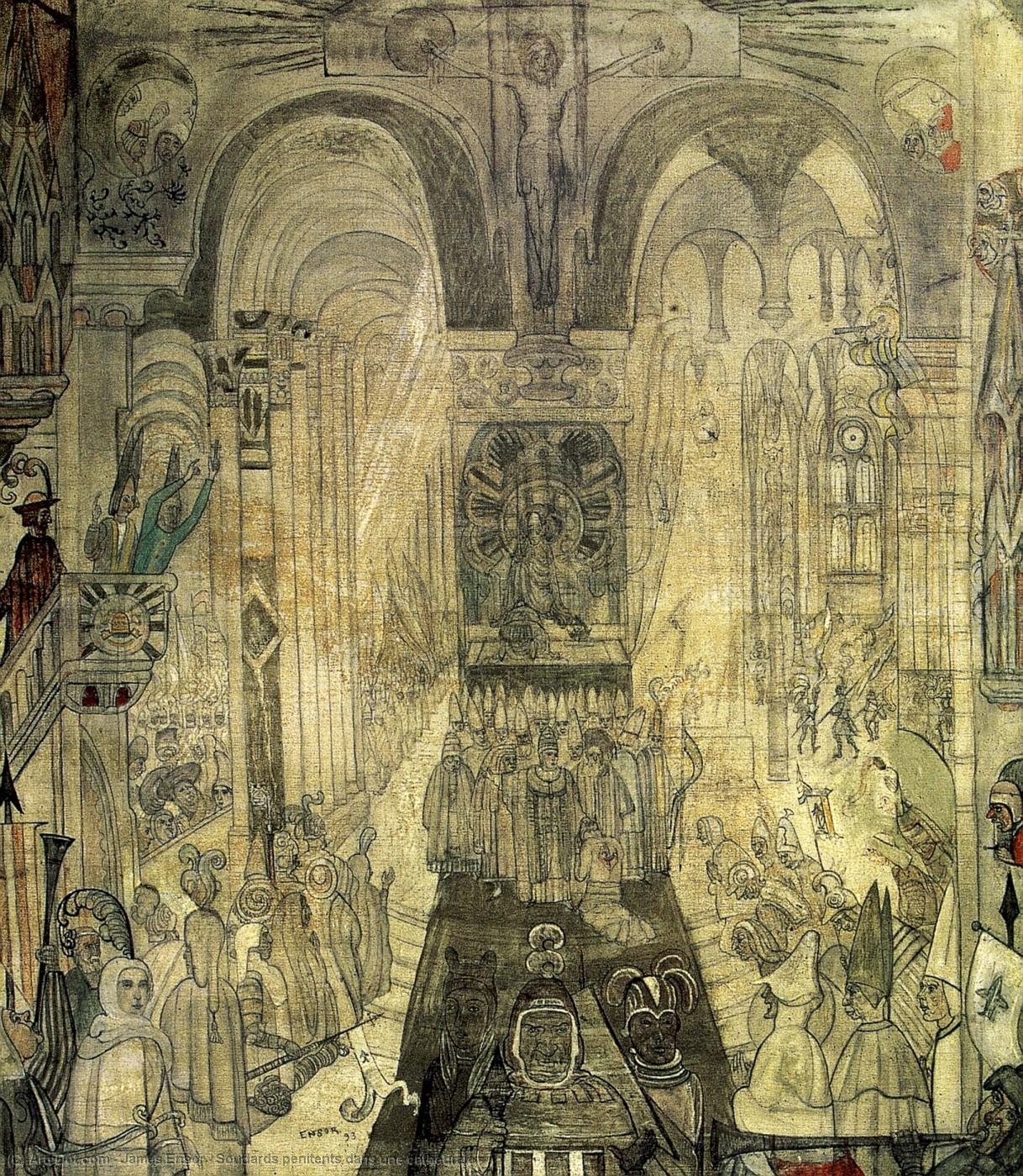 Wikioo.org - The Encyclopedia of Fine Arts - Painting, Artwork by James Ensor - Soudards penitents dans une cathedrale