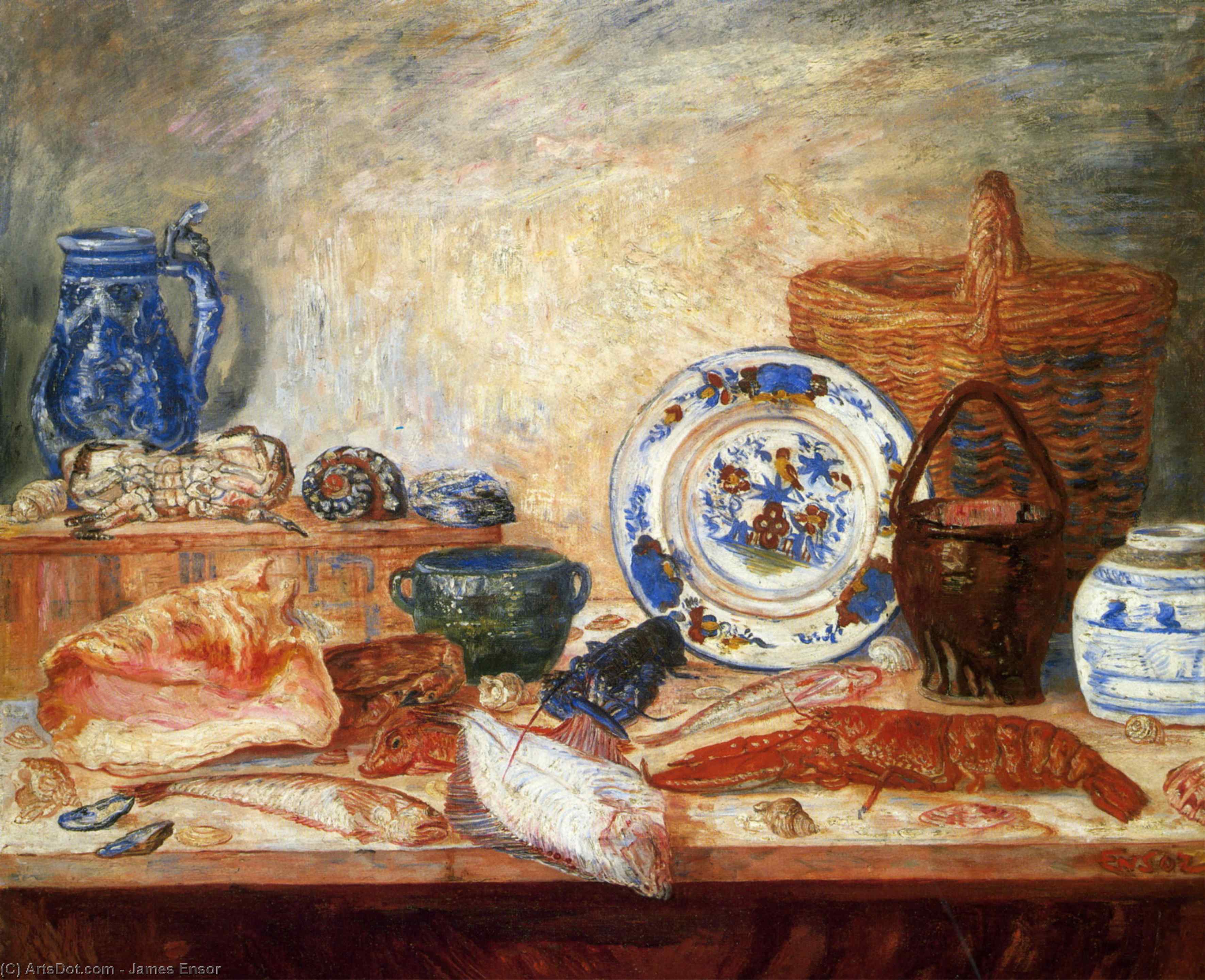 Wikioo.org - The Encyclopedia of Fine Arts - Painting, Artwork by James Ensor - Still Life with Fish and Shells