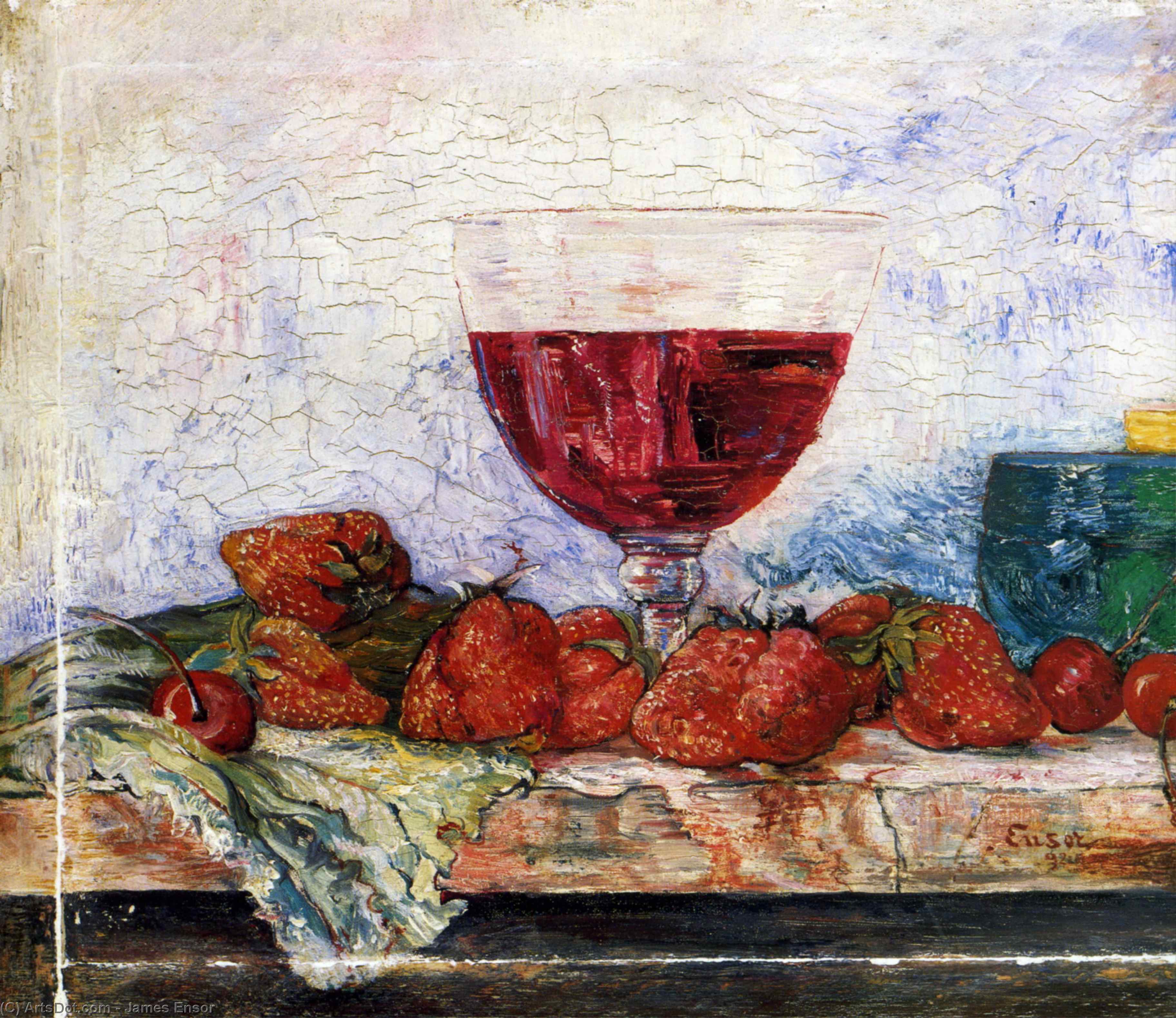 Wikioo.org – L'Encyclopédie des Beaux Arts - Peinture, Oeuvre de James Ensor - fraises verre de vin rouge et cerises