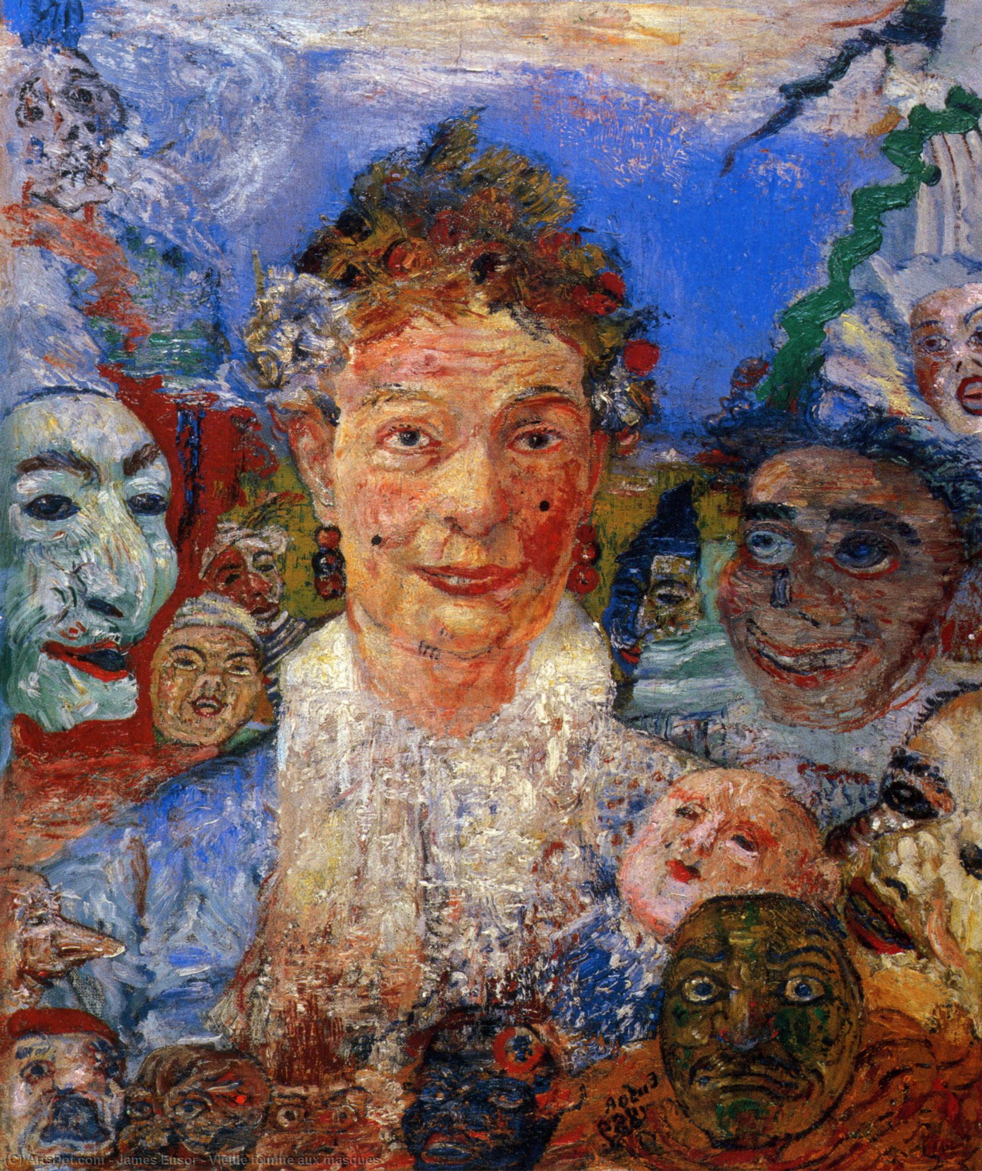 WikiOO.org - Enciclopédia das Belas Artes - Pintura, Arte por James Ensor - Vieille femme aux masques