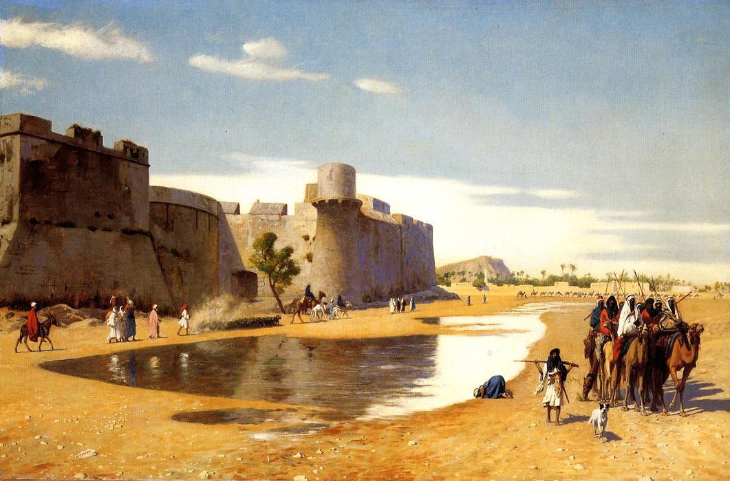 WikiOO.org - Encyclopedia of Fine Arts - Schilderen, Artwork Jean Léon Gérôme - An Arab Caravan outside a Fortified Town, Egypt