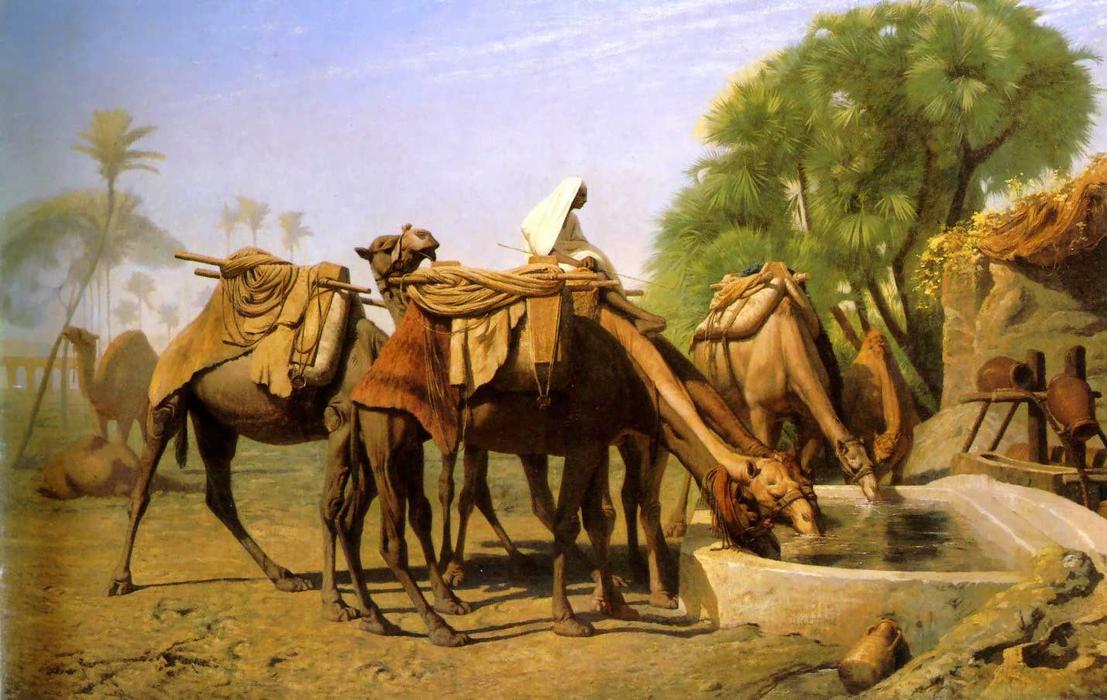 WikiOO.org - Encyclopedia of Fine Arts - Maalaus, taideteos Jean Léon Gérôme - Camels at the Trough
