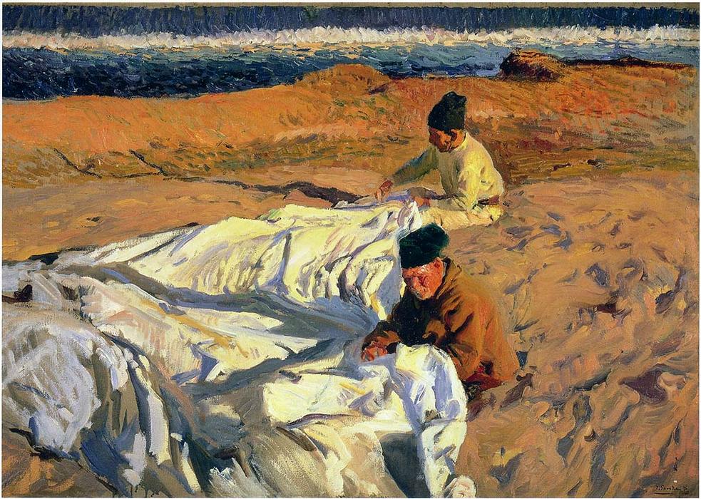 Wikioo.org - The Encyclopedia of Fine Arts - Painting, Artwork by Joaquin Sorolla Y Bastida - Sewing the Sail