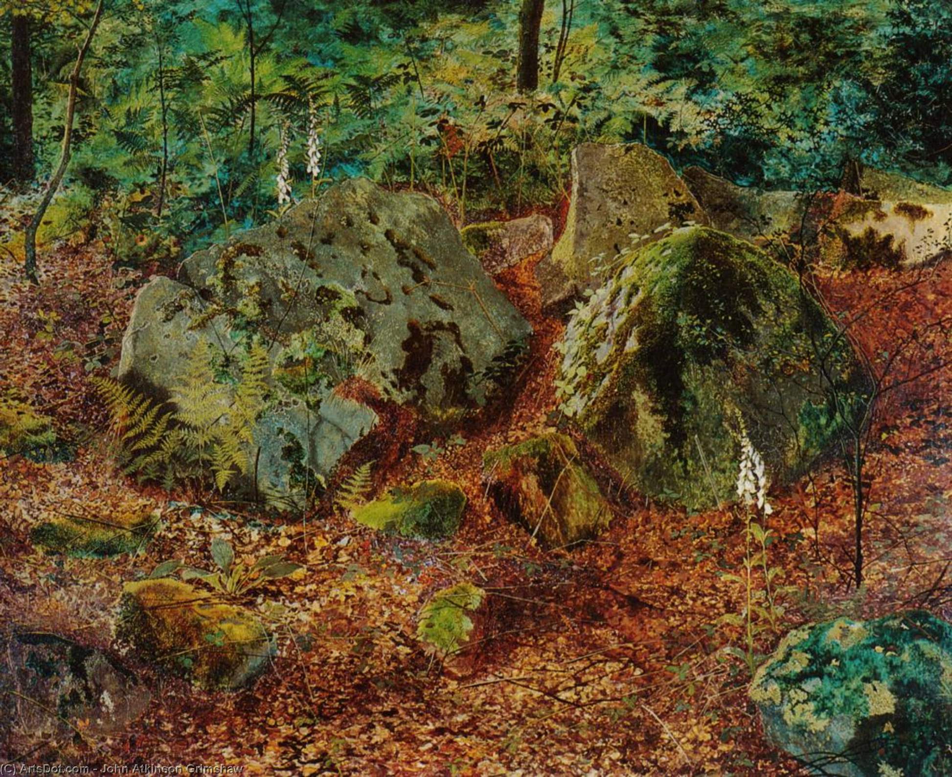 Wikioo.org – La Enciclopedia de las Bellas Artes - Pintura, Obras de arte de John Atkinson Grimshaw - Una cubierta de musgo Glen