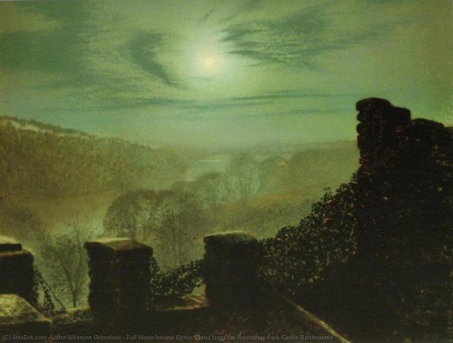 Wikioo.org - The Encyclopedia of Fine Arts - Painting, Artwork by John Atkinson Grimshaw - Full Moon behind Cirrus Cloud from the Roundhay Park Castle Battlements