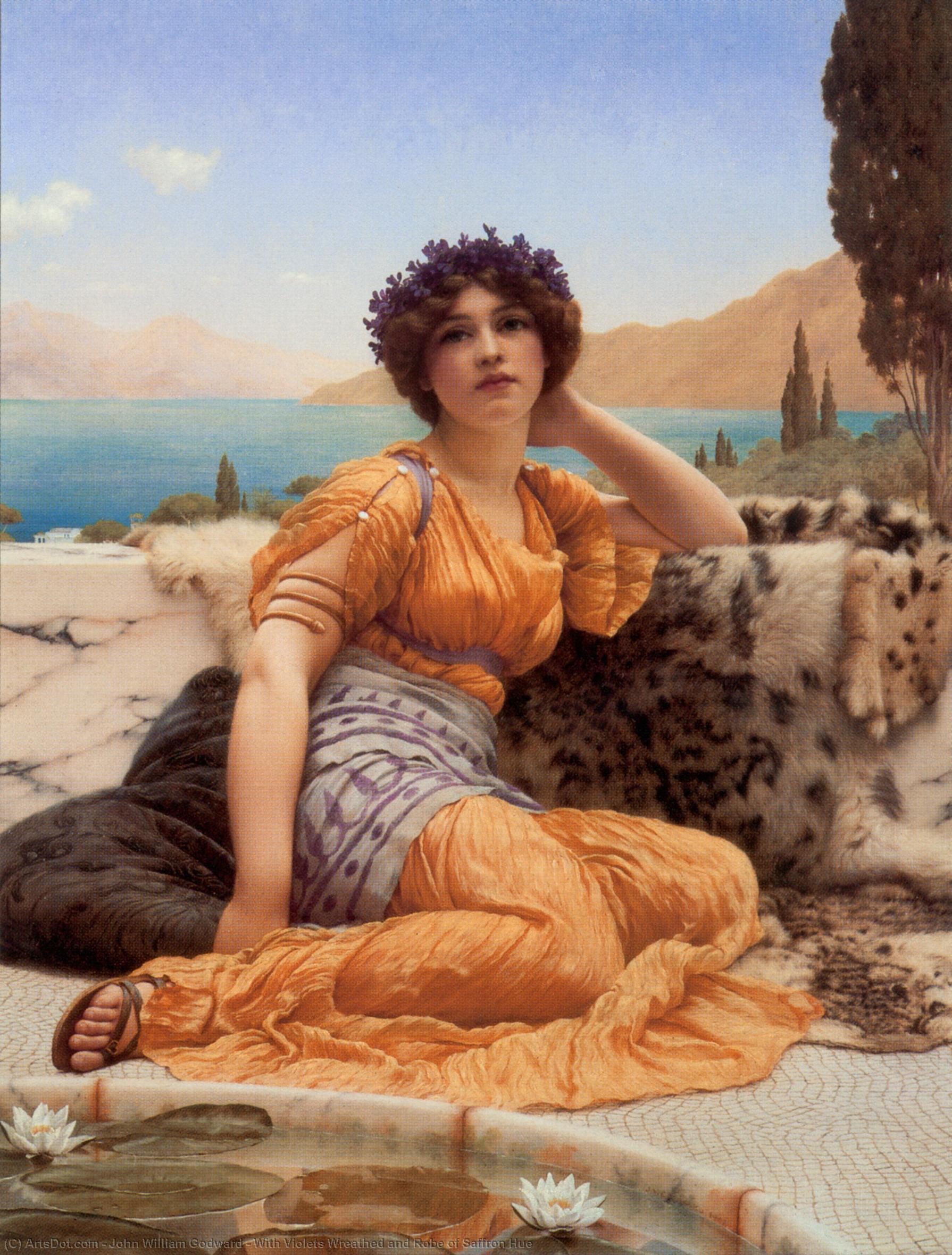 WikiOO.org - 백과 사전 - 회화, 삽화 John William Godward - With Violets Wreathed and Robe of Saffron Hue