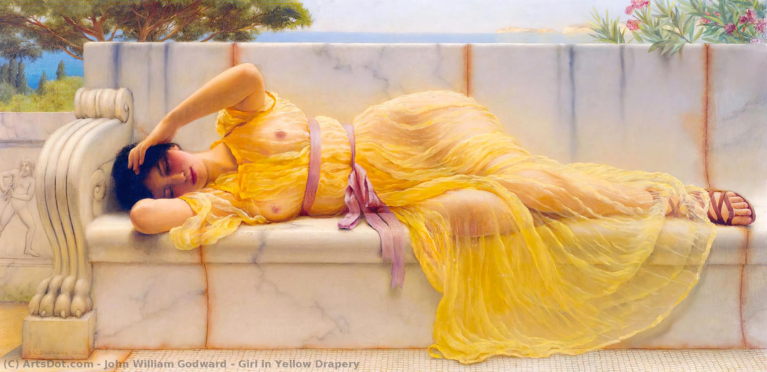 Wikioo.org – La Enciclopedia de las Bellas Artes - Pintura, Obras de arte de John William Godward - Muchacha en cortinas amarillas
