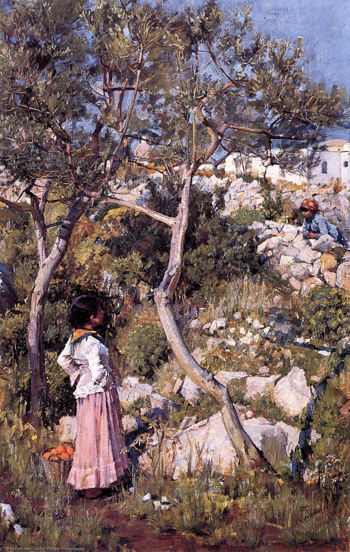 Wikioo.org - The Encyclopedia of Fine Arts - Painting, Artwork by John William Waterhouse - Two Little Italian Girls by a Village
