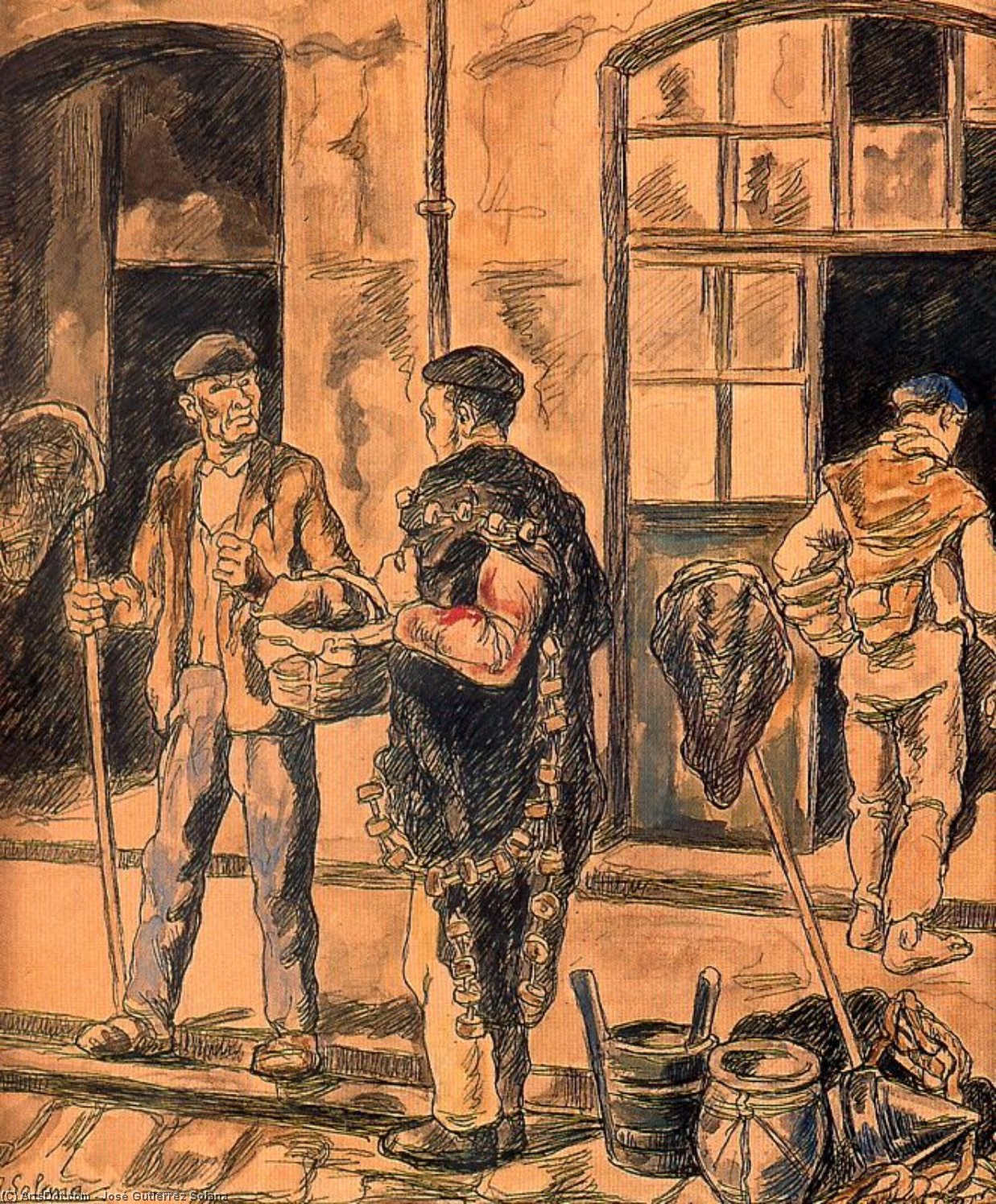 WikiOO.org - Encyclopedia of Fine Arts - Målning, konstverk José Gutiérrez Solana - Marineros a la puerta de una taberna