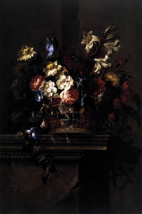 WikiOO.org - Encyclopedia of Fine Arts - Festés, Grafika Juan De Arellano - Basket of Flowers on a Plinth