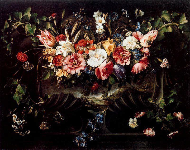 Wikioo.org – L'Enciclopedia delle Belle Arti - Pittura, Opere di Juan De Arellano - Ghirlanda di fiori con  paesaggio