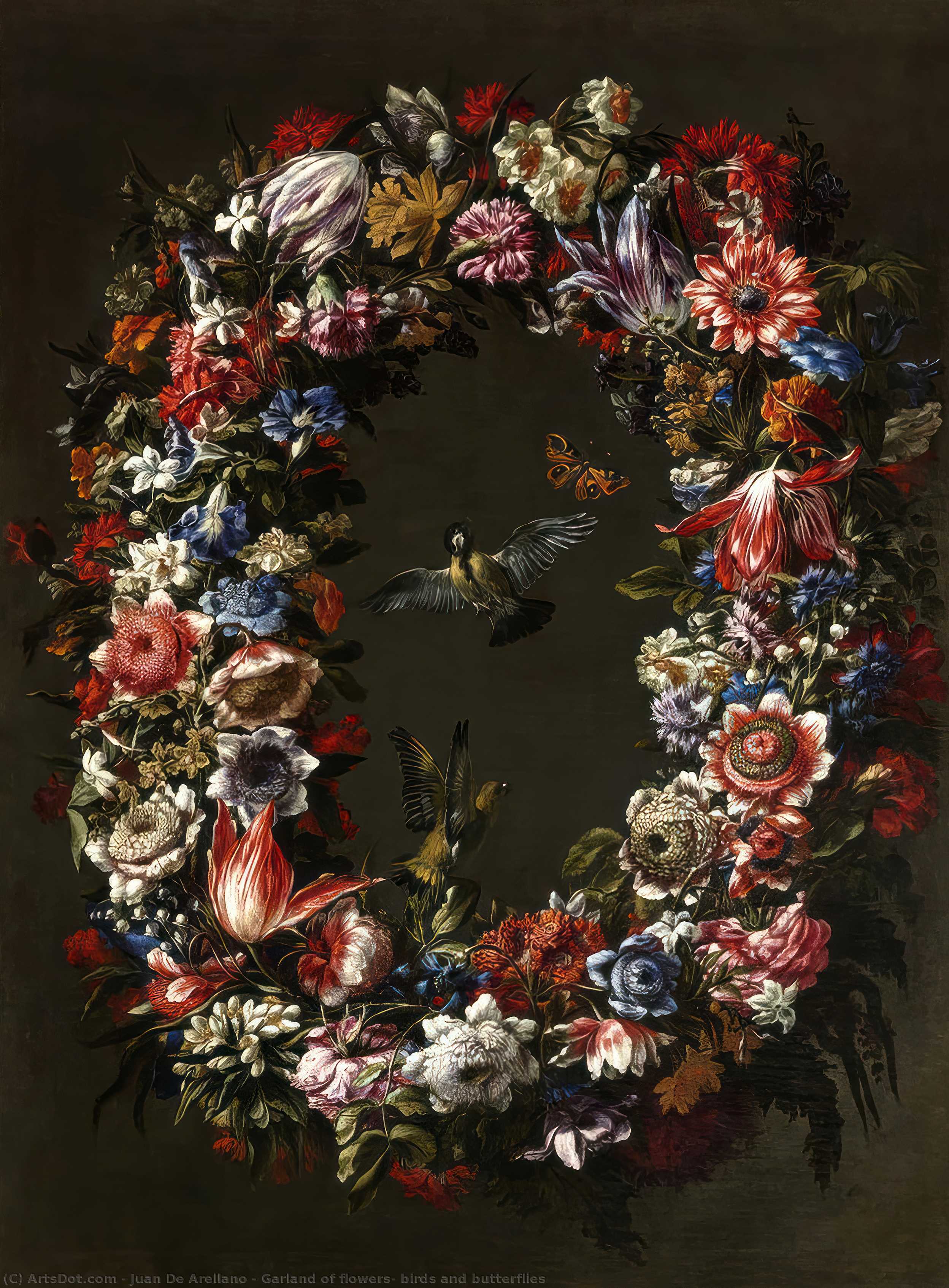 WikiOO.org - Encyclopedia of Fine Arts - Festés, Grafika Juan De Arellano - Garland of flowers, birds and butterflies