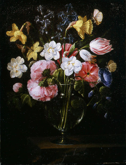 Wikioo.org - The Encyclopedia of Fine Arts - Painting, Artwork by Juan De Arellano - Roses, Clematis, a Tulip and other flowers in a Glass Vase on a wooden Ledge with a Butterfly