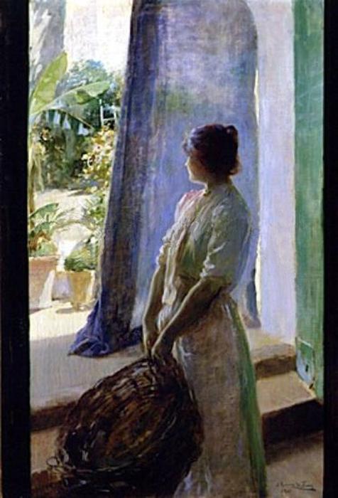 Wikioo.org - The Encyclopedia of Fine Arts - Painting, Artwork by Julio Romero De Torres - Mujer asomada a la puerta del jardín