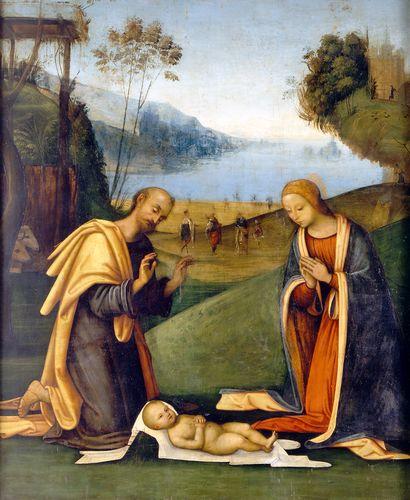 WikiOO.org - Encyclopedia of Fine Arts - Lukisan, Artwork Lorenzo Costa (The Elder) - Adorazione del Bambino con i Magi in lontananza(Presepio)