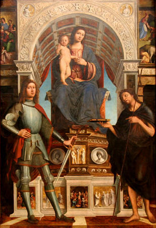 Wikioo.org - The Encyclopedia of Fine Arts - Painting, Artwork by Lorenzo Costa (The Elder) - The Virgin and Child Enthroned between a Soldier Saint and Saint John the Baptis