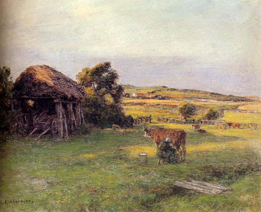 Wikioo.org - Encyklopedia Sztuk Pięknych - Malarstwo, Grafika Léon Augustin L'hermitte - Landscape with a Peasant Woman Milking a Cow