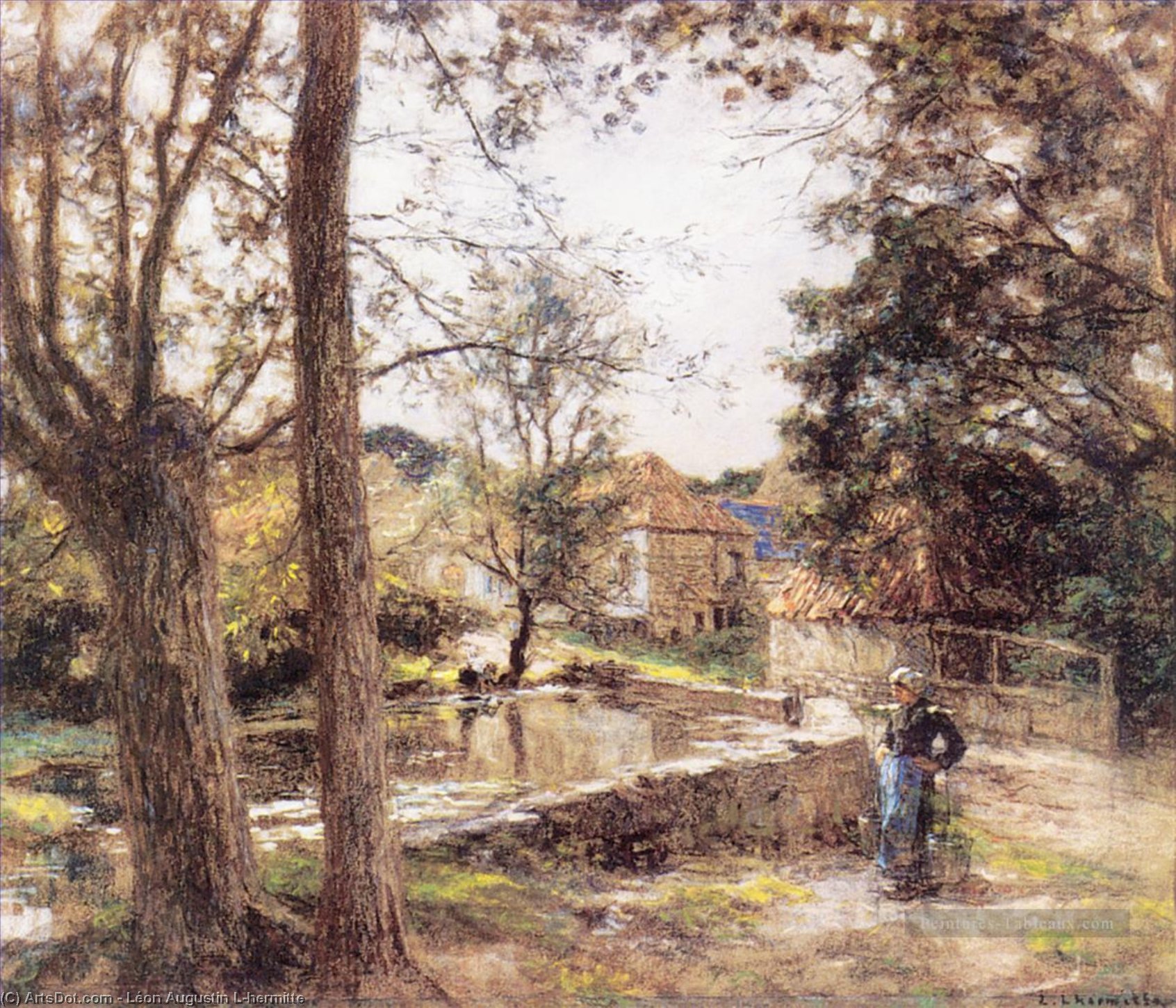 Wikioo.org - The Encyclopedia of Fine Arts - Painting, Artwork by Léon Augustin L'hermitte - Washerwomen at a Stream with Buildings beyond