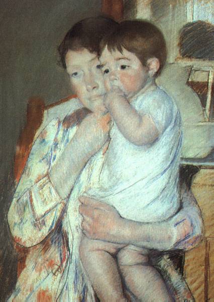 Wikioo.org – La Enciclopedia de las Bellas Artes - Pintura, Obras de arte de Mary Stevenson Cassatt - Madre y el Niño contra  Un  verdosos  de fondo  Maternidad