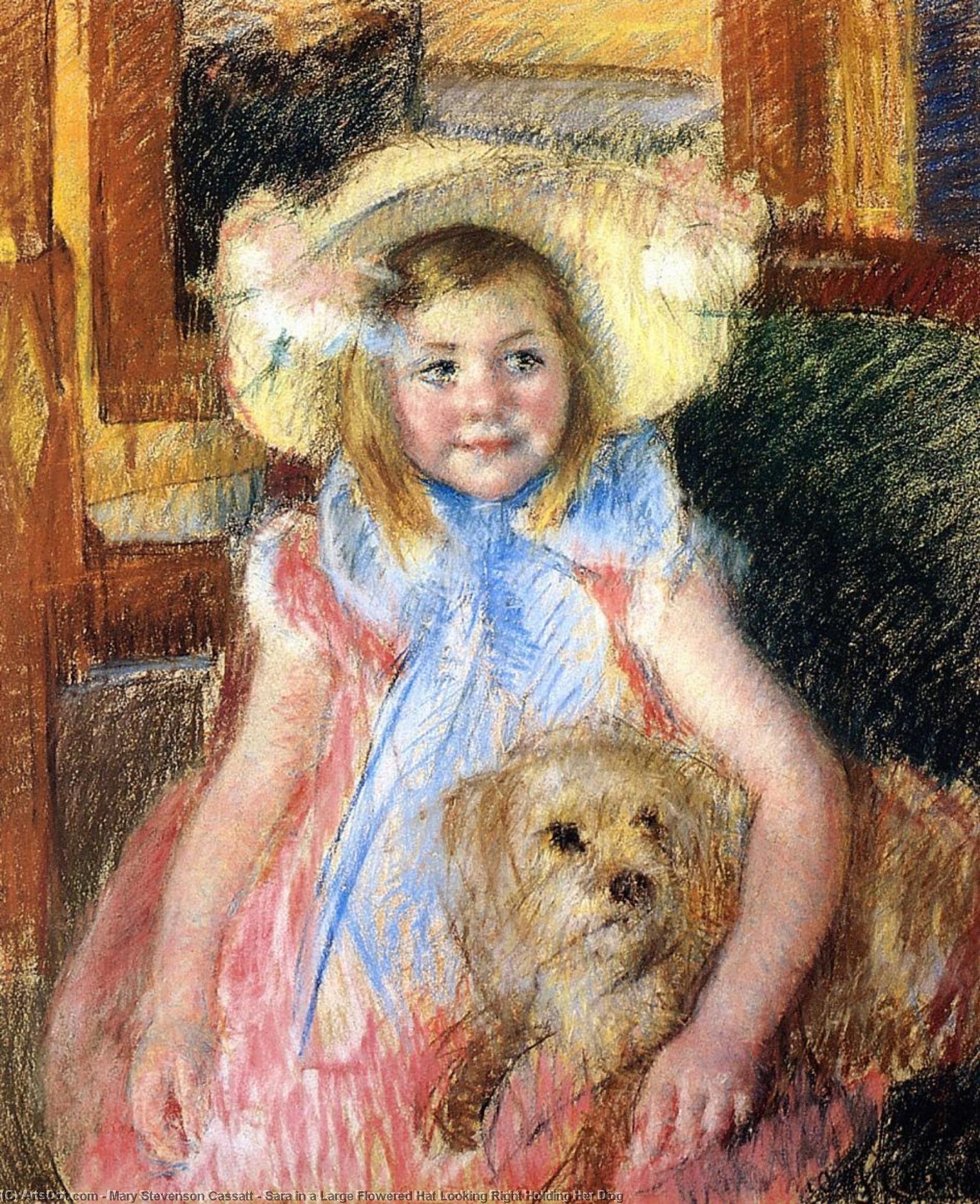 Wikioo.org - The Encyclopedia of Fine Arts - Painting, Artwork by Mary Stevenson Cassatt - Sara in a Large Flowered Hat Looking Right Holding Her Dog