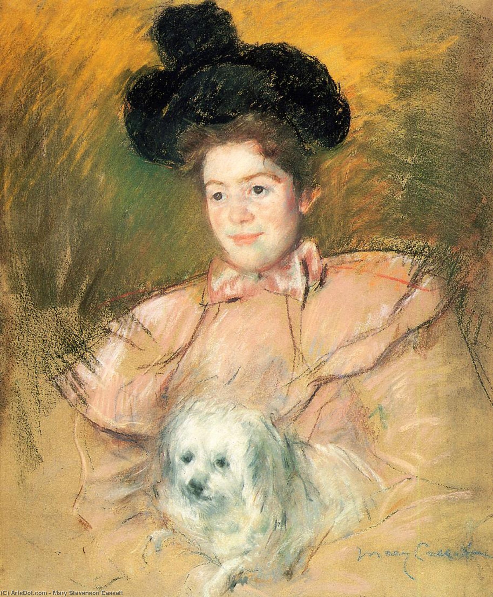 Wikioo.org - The Encyclopedia of Fine Arts - Painting, Artwork by Mary Stevenson Cassatt - Woman in Raspberry Costume Holding a Dog